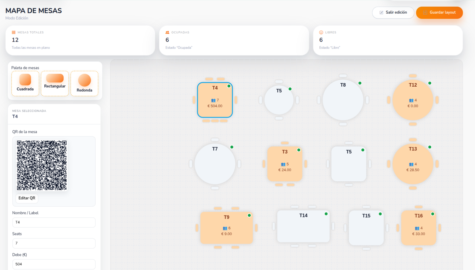 Vista de configuración del restaurante en Foodsy